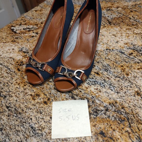 Tommy Hilfiger Tawnisha Peep Toe Canvas Cork Wedge Heels Blue Women's Sz 5.5 - Picture 10 of 10